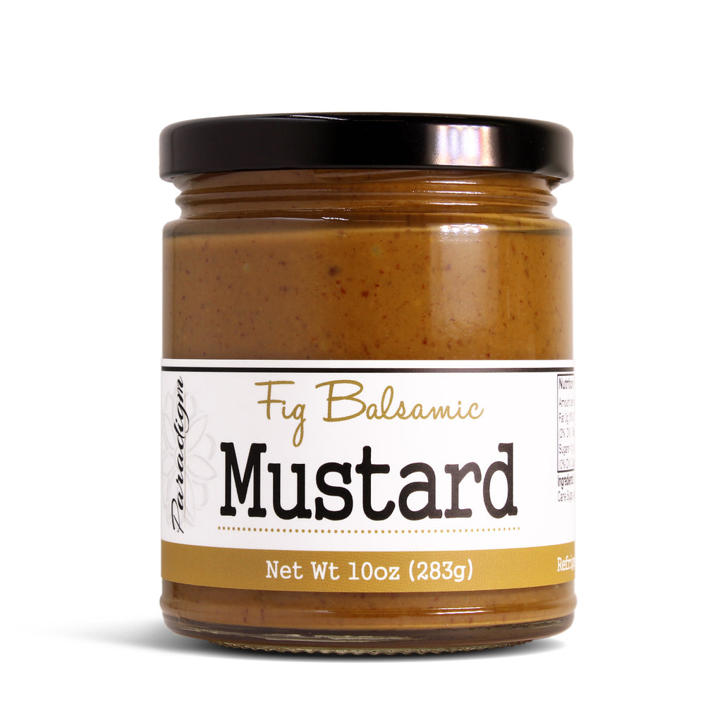 Jar of paradigm foodworks Fig Balsamic Mustard on a white background