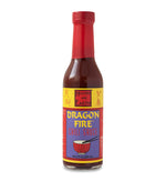 Glass ring neck bottle of chili sauce with yellow, red, and purple label, in front of a white background. The label says “Heaven and Earth Dragon Fire Chili Sauce – Net 8oz (236ml)”