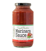 Tall, lidded jar full of marinara sauce. The jar is labeled, “Paradigm Sugo di Pomodora Marinara Sauce – Traditional Sauce of Naples – Net Weight 25oz (708g)”. 