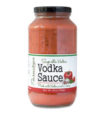 Tall, lidded jar full of vodka sauce. The jar is labeled, “Paradigm Sugo alla Vodka – Vodka Sauce Made with Vodka and Cream – Net Weight 25oz (708g)”. 