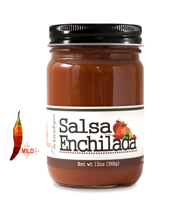 Jar full of salsa on white background with “Mild” spice indicator to the left. The jar is labeled, “Paradigm Salsa Enchilada – Net Weight 13oz (368g)”. 