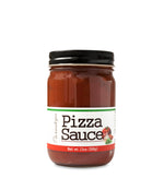Lidded jar full of pizza sauce on white background. The jar is labeled, “Paradigm Pizza Sauce – Net Weight 13oz (368g)”.