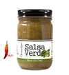 Jar full of green salsa on white background with “Mild” spice indicator to the left. The jar is labeled, “Paradigm Salsa Verde – Net Weight 13oz (368g)”. 